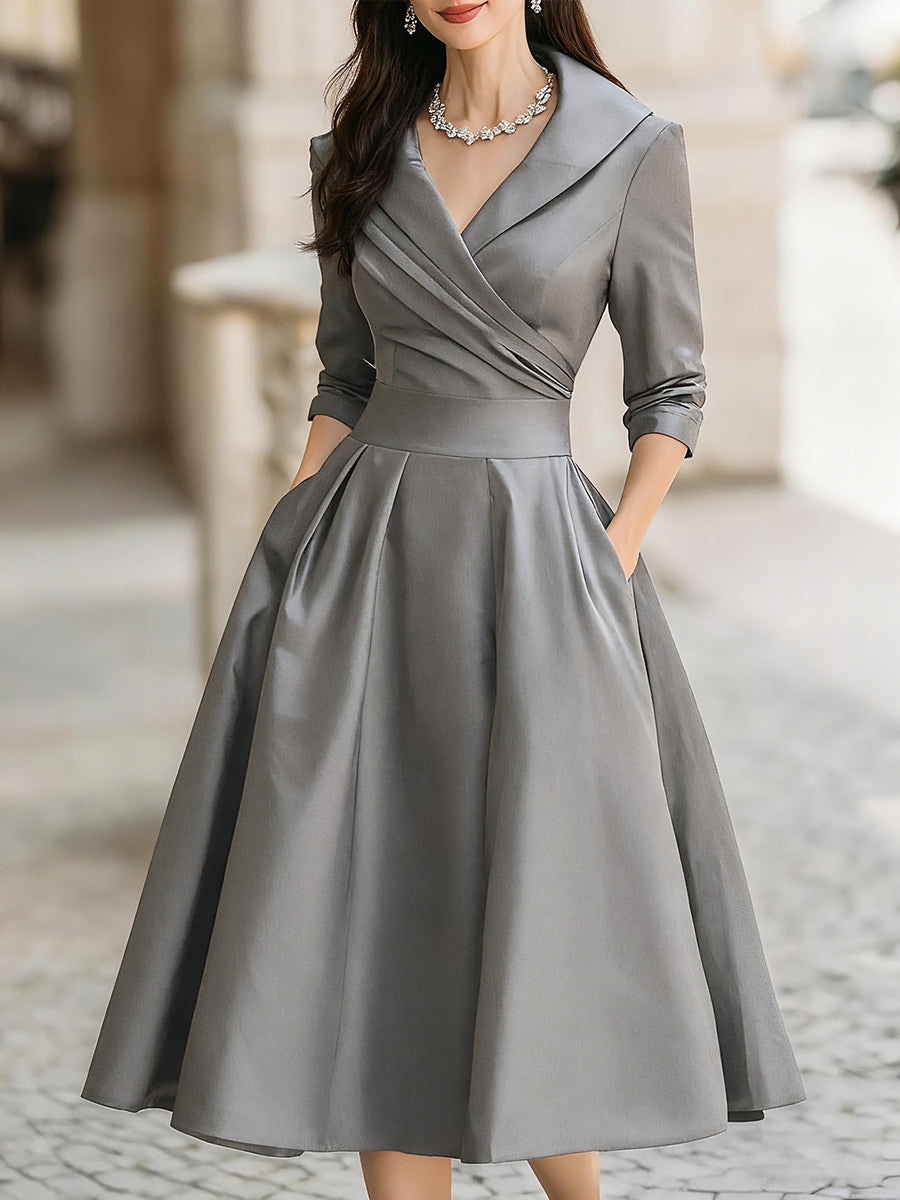 vintage inspired satin midi dress with draped collar Temperament Formal Waist Dress Slimming Elegant Long Sleeve Dress (X-Small,Black) : Clothing, Shoes & Jewelry formal dinners Satin Draped Cowl Neck Hardware