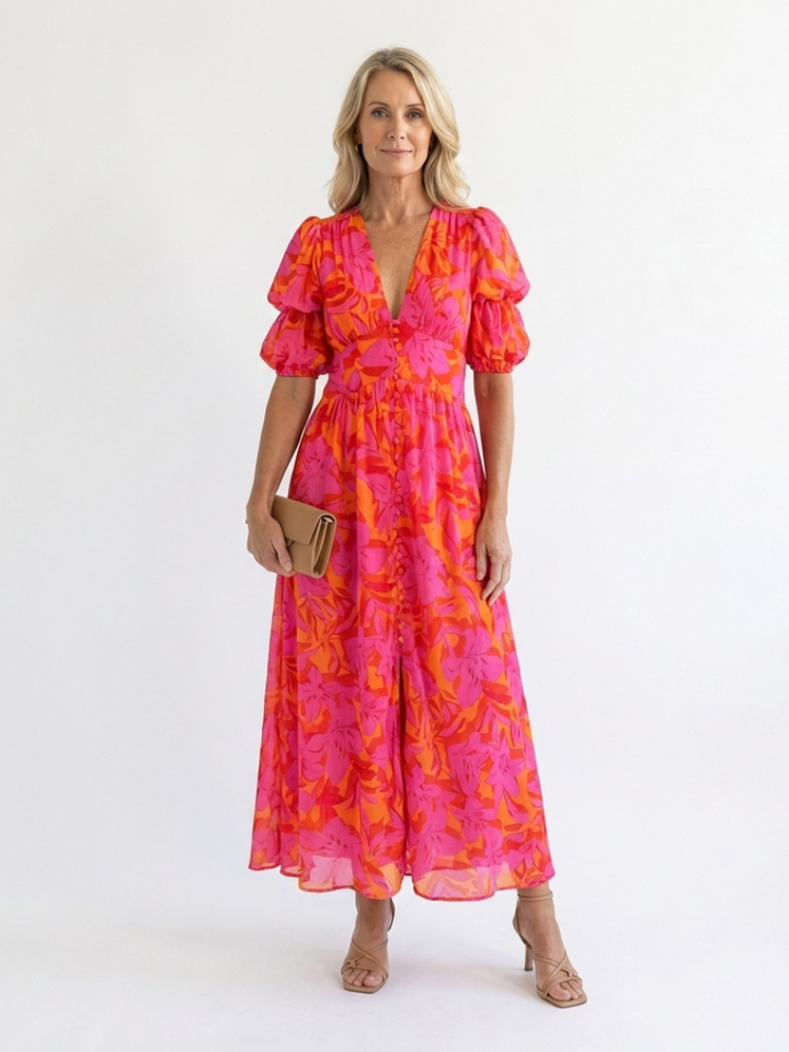 Floral V Neck Puff Sleeve Midi Dress