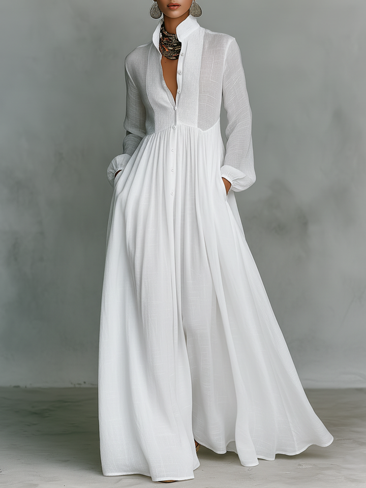 Patchwork Maxi Dress Stand Collar