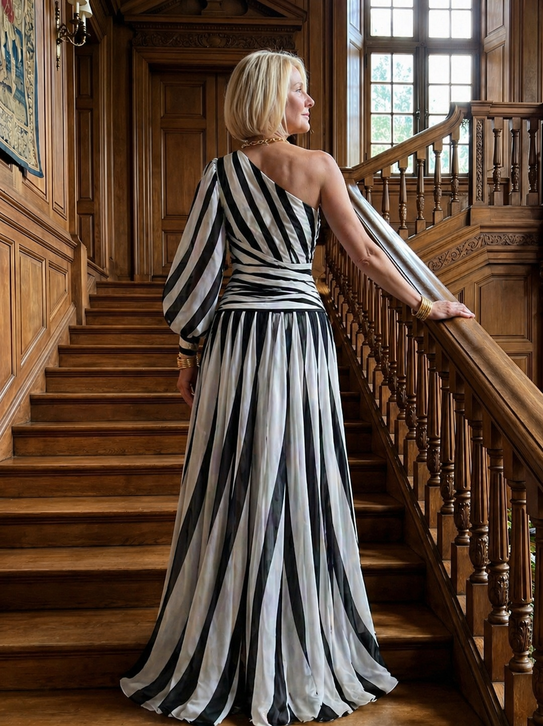 Elegant Striped One-Shoulder Maxi Dress