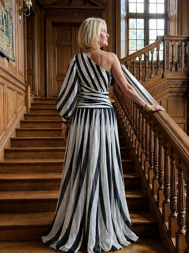 Elegant Striped One-Shoulder Maxi Dress
