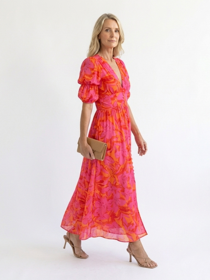 Floral V Neck Puff Sleeve Midi Dress