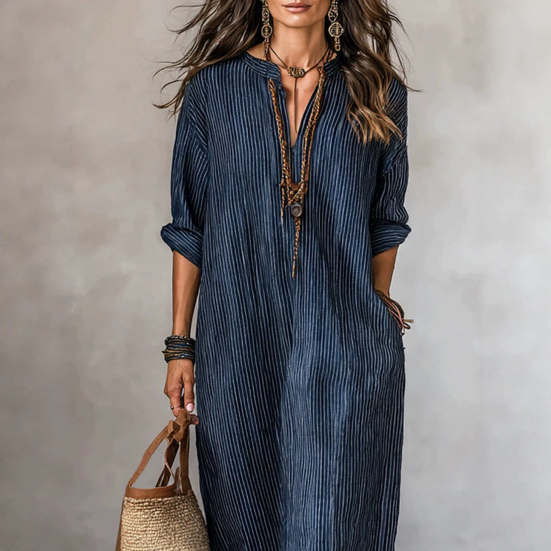 HAVEN | Long Sleeve Maxi Dress V-Neck Striped Style with Side Pockets