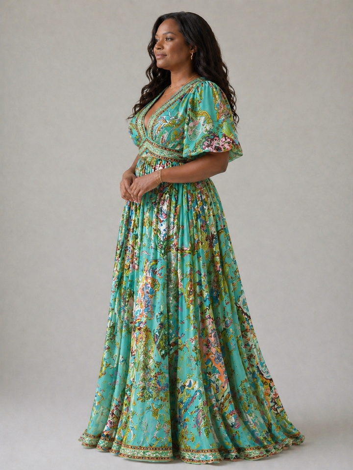Airy Maxi Dress with Puff Sleeves and V-Neck