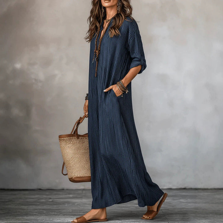 HAVEN | Long Sleeve Maxi Dress V-Neck Striped Style with Side Pockets
