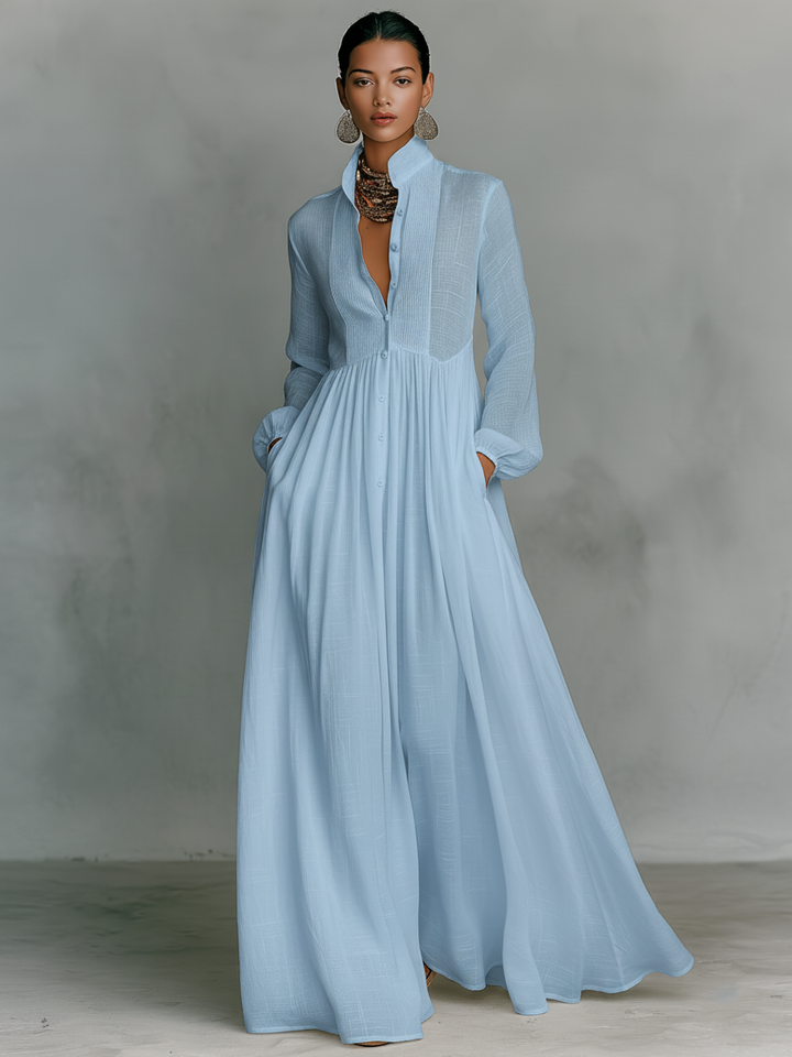 Patchwork Maxi Dress Stand Collar
