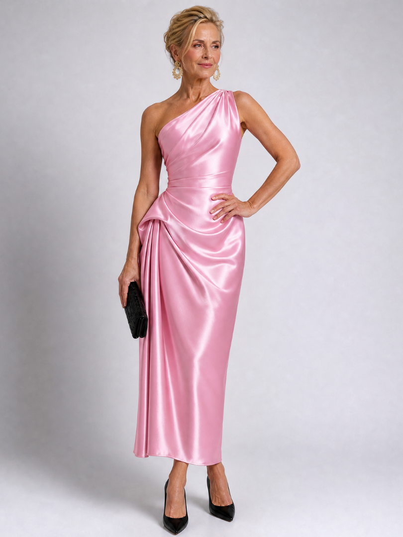 Zeima | One Shoulder Draped Satin Midi Dress