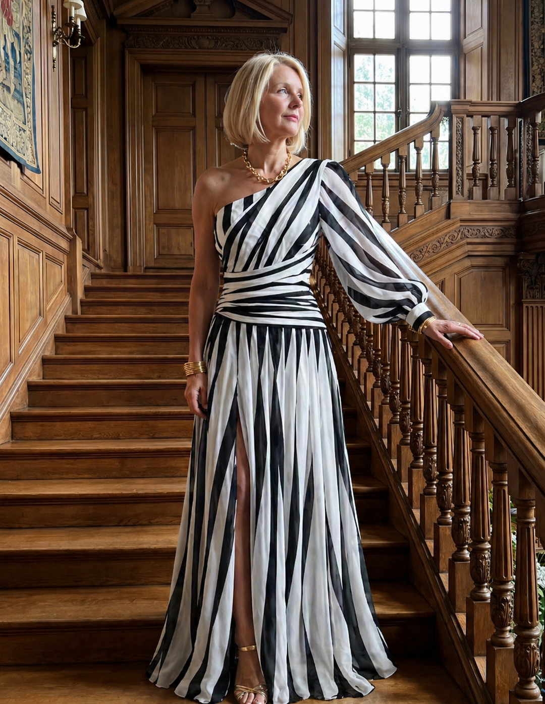 Elegant Striped One-Shoulder Maxi Dress