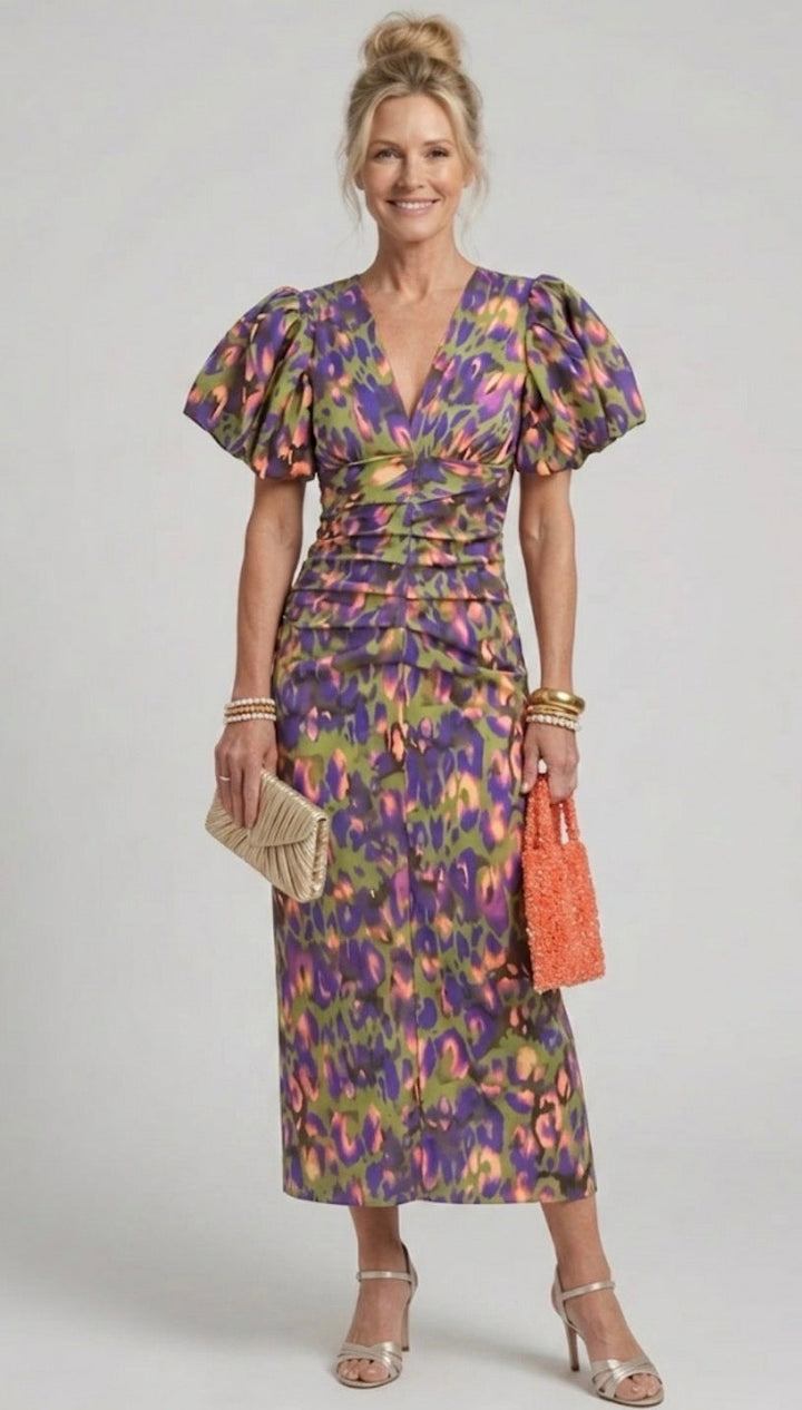 Vibrant Midi Dress with Puff Sleeves