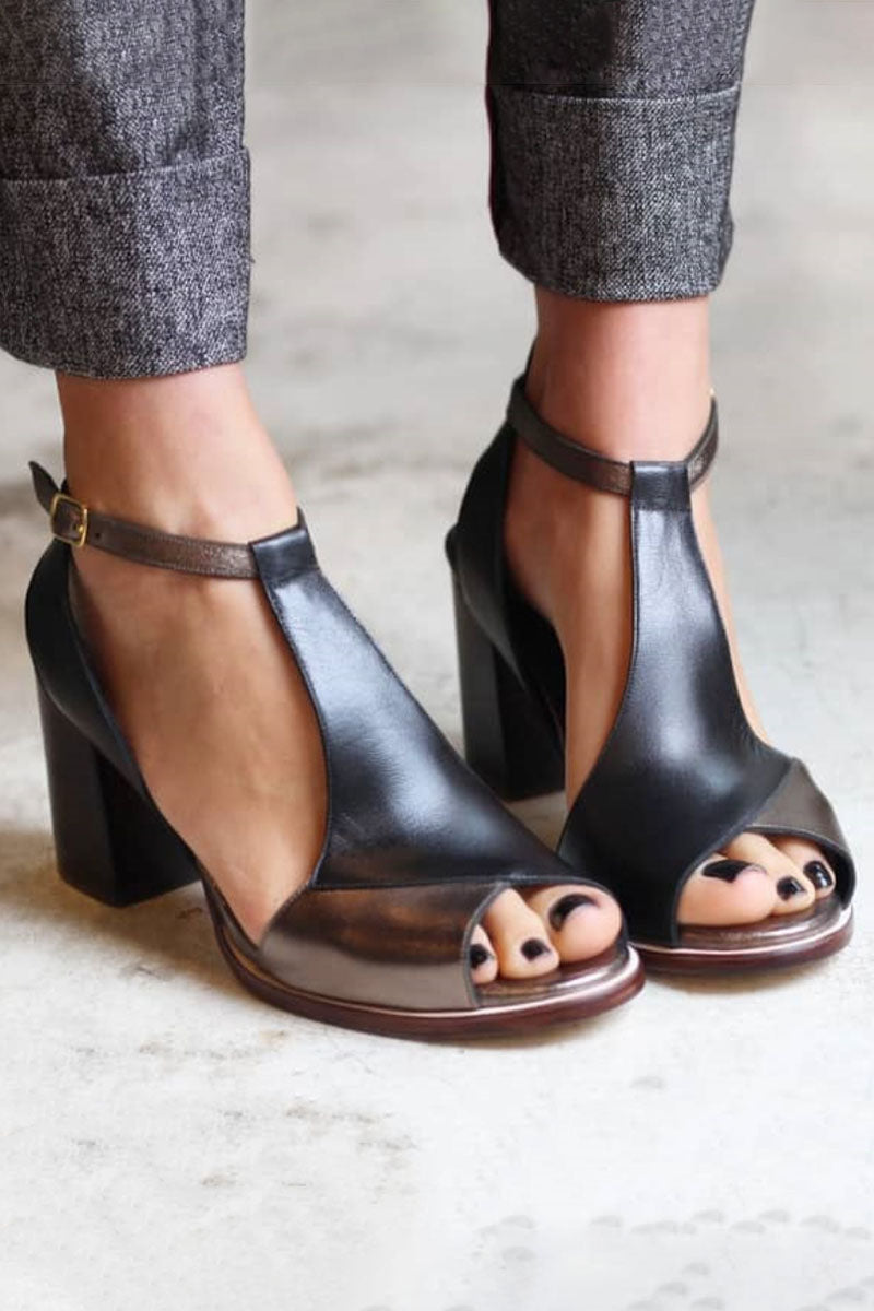 Anyao™ | Black Patchwork Open-Toe Heels