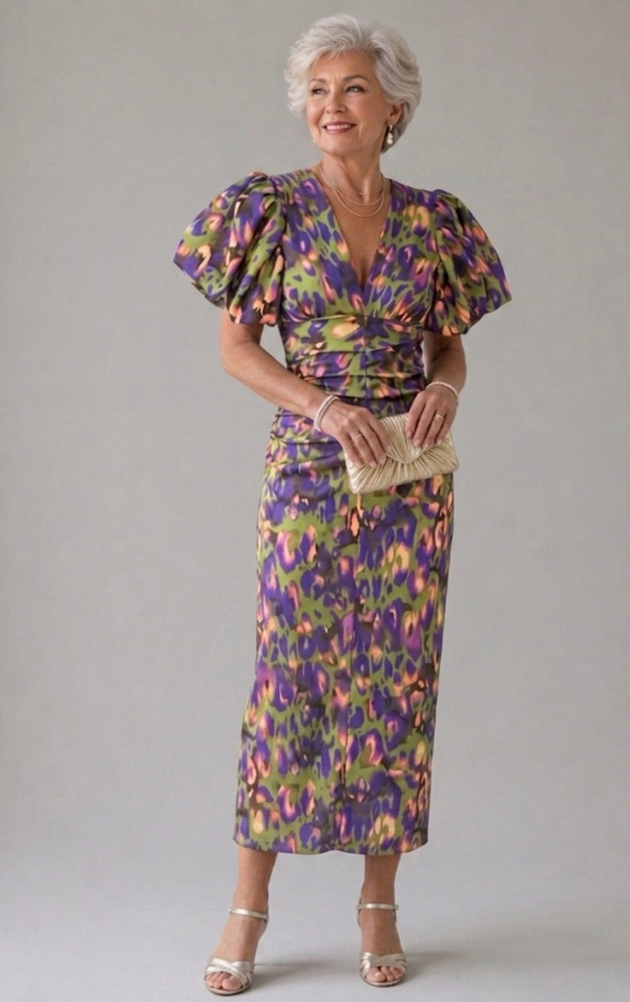 Vibrant Midi Dress with Puff Sleeves