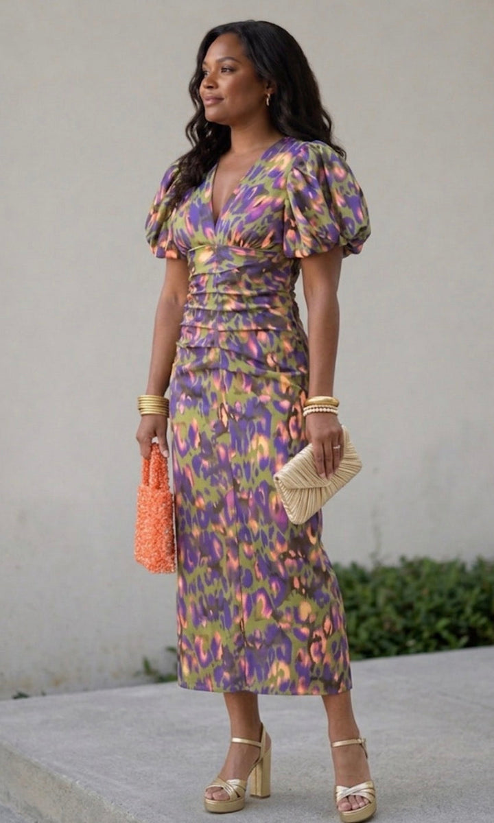 Vibrant Midi Dress with Puff Sleeves