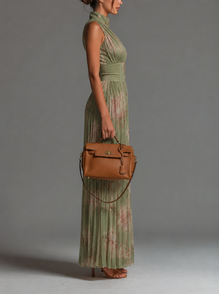 Valentina | Floral Sage Green Pleated Chiffon Jumpsuit