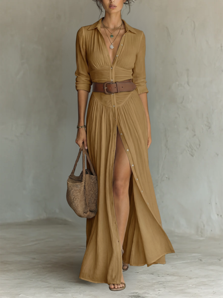 Maxi Dress with Notched Collar and Long Sleeves