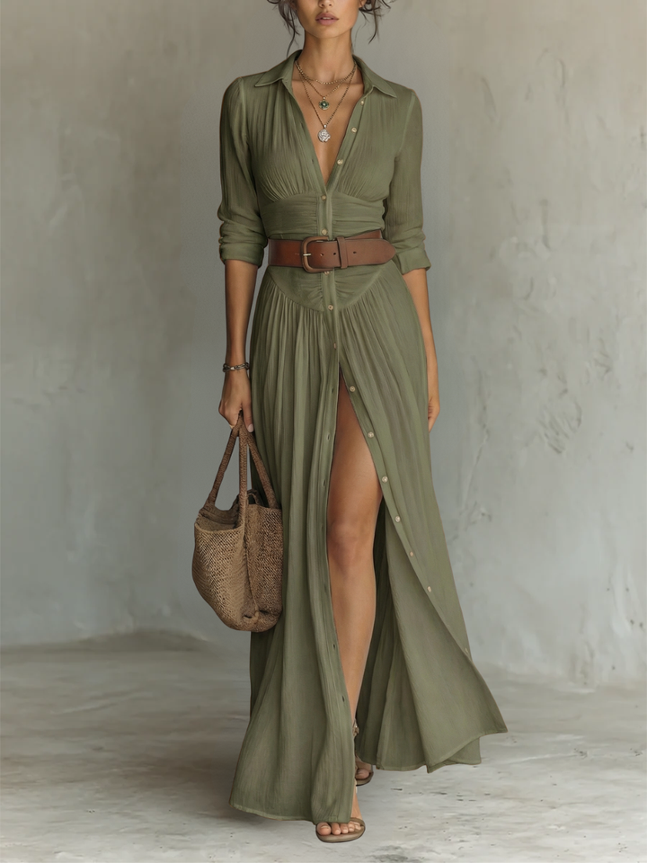 Maxi Dress with Notched Collar and Long Sleeves
