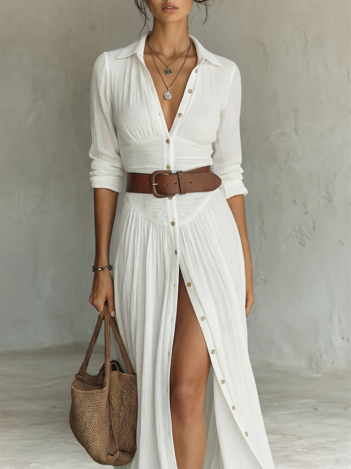 Maxi Dress with Notched Collar and Long Sleeves