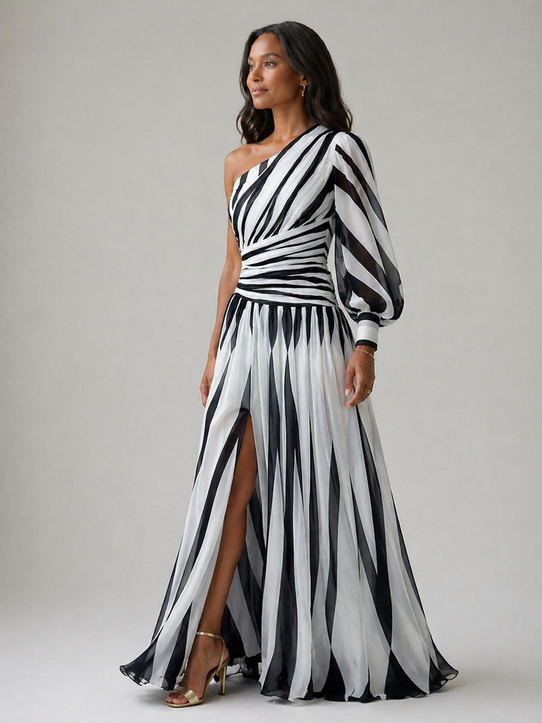 Elegant Striped One-Shoulder Maxi Dress