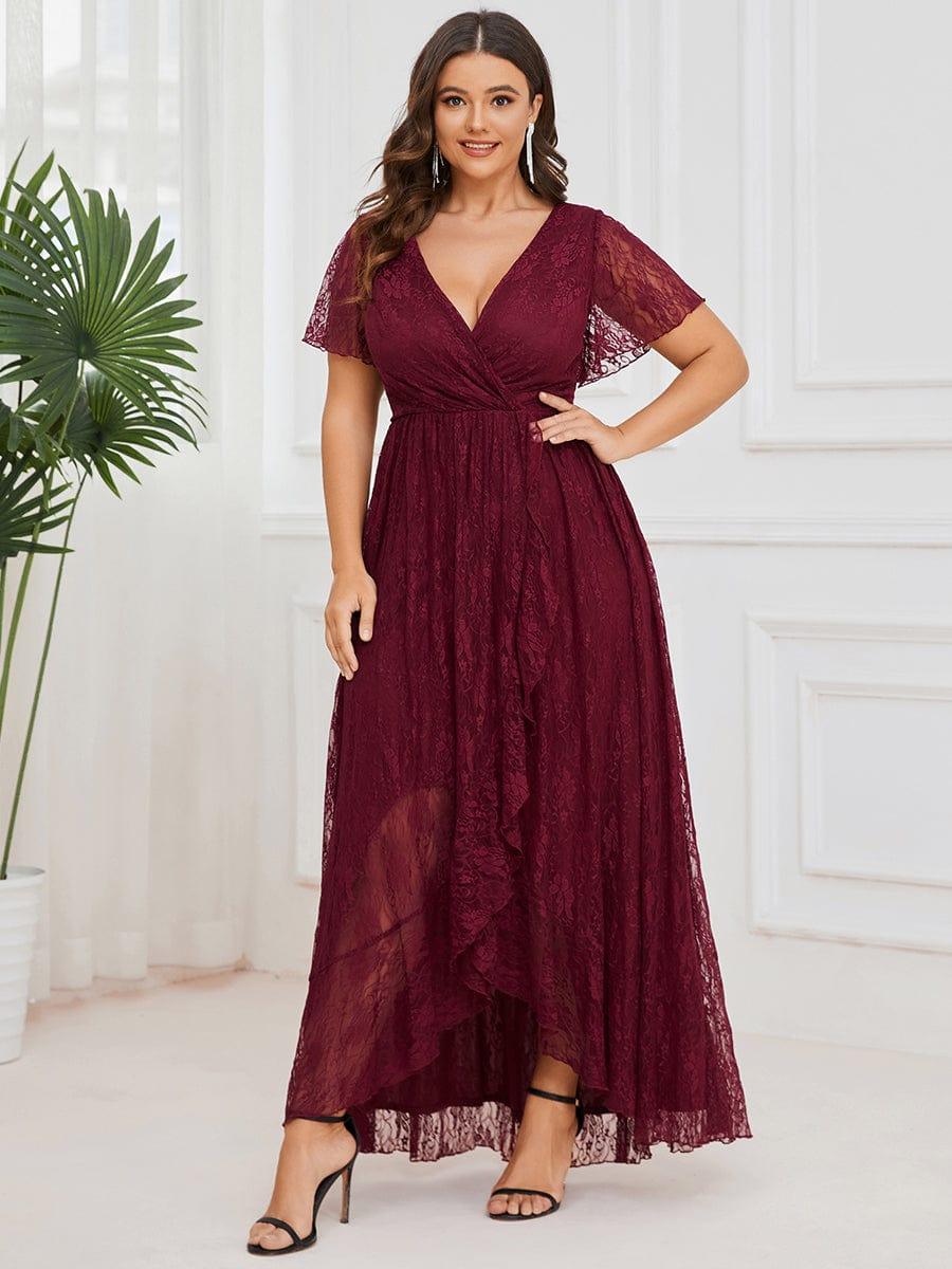pretty ELISE|Plus Size Short Sleeve Ruffled V-Neck A-Line Lace Wedding Guest Dress