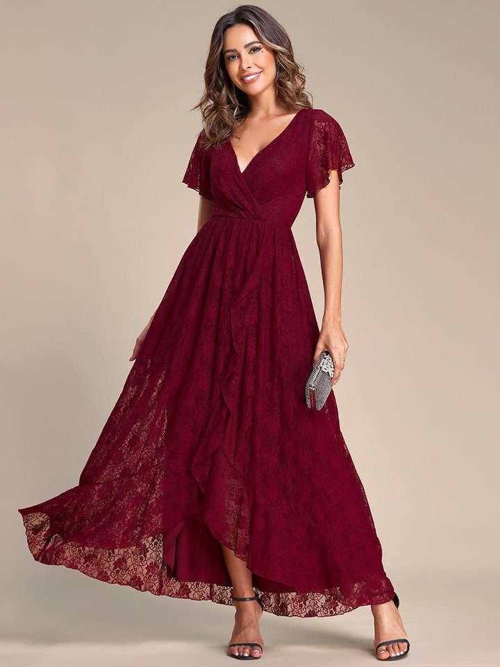 ever ELISE|Pleated V-Neck Short Sleeve Ruffled Lace Wedding Guest Dress
