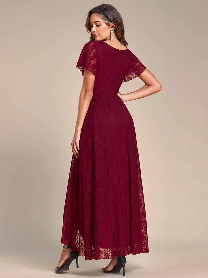 ever ELISE|Pleated V-Neck Short Sleeve Ruffled Lace Wedding Guest Dress
