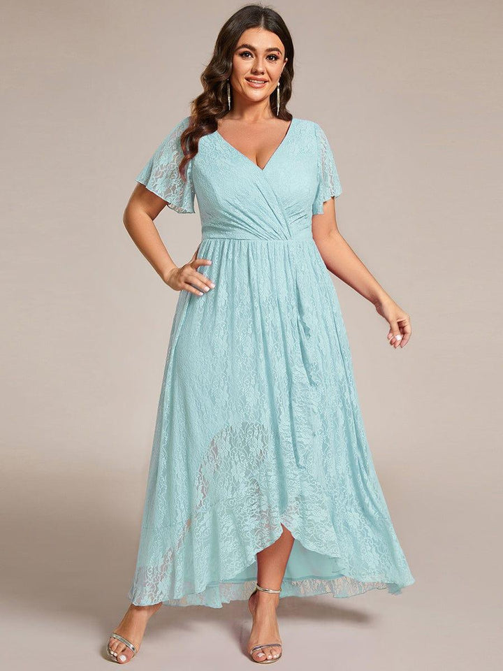 ever ELISE|Pleated V-Neck Short Sleeve Ruffled Lace Wedding Guest Dress
