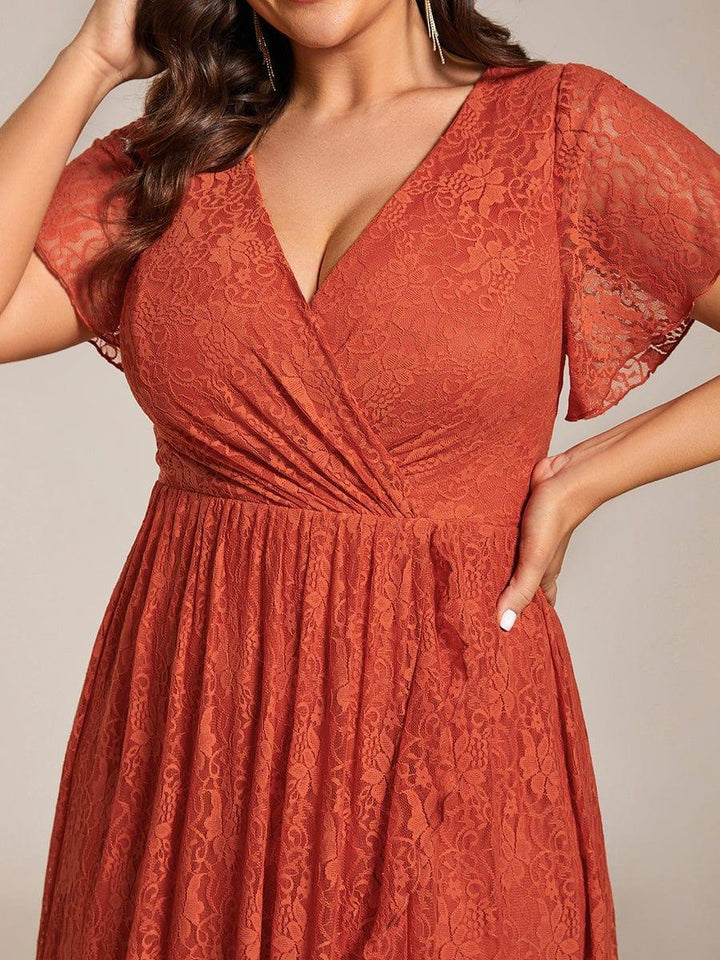 ever ELISE|Pleated V-Neck Short Sleeve Ruffled Lace Wedding Guest Dress