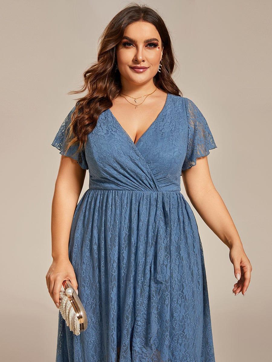 ever ELISE|Pleated V-Neck Short Sleeve Ruffled Lace Wedding Guest Dress