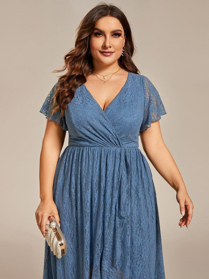ever ELISE|Pleated V-Neck Short Sleeve Ruffled Lace Wedding Guest Dress