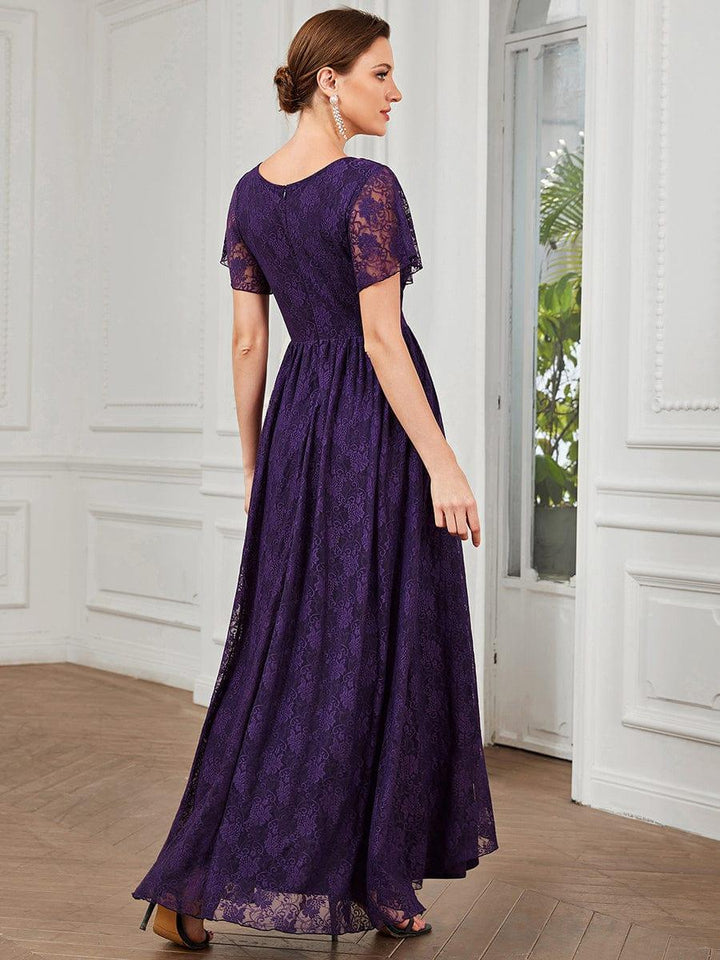 ever ELISE|Pleated V-Neck Short Sleeve Ruffled Lace Wedding Guest Dress