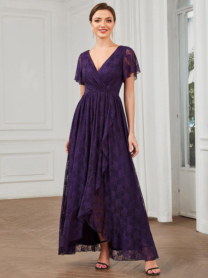 ever ELISE|Pleated V-Neck Short Sleeve Ruffled Lace Wedding Guest Dress