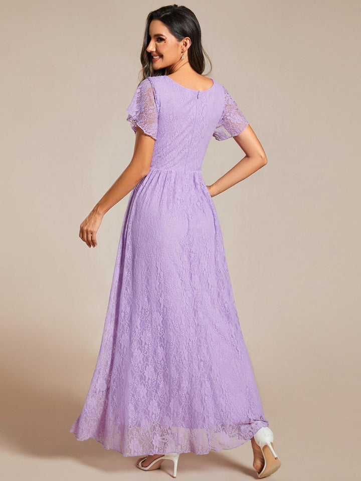 ever ELISE|Pleated V-Neck Short Sleeve Ruffled Lace Wedding Guest Dress
