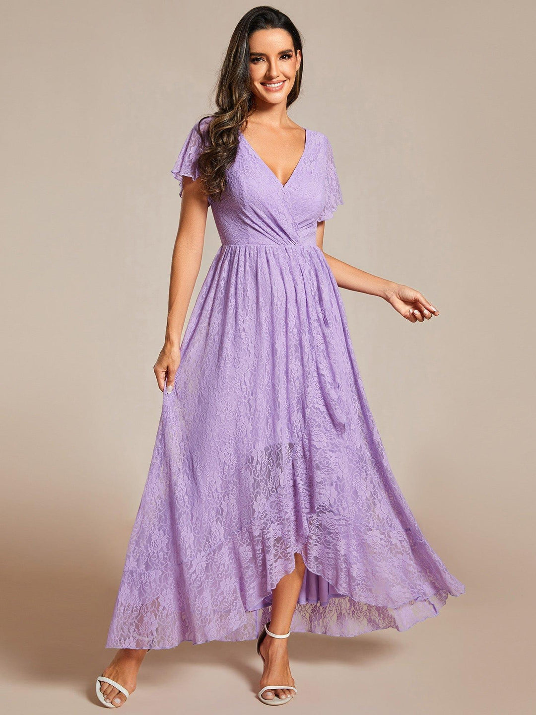 ever ELISE|Pleated V-Neck Short Sleeve Ruffled Lace Wedding Guest Dress