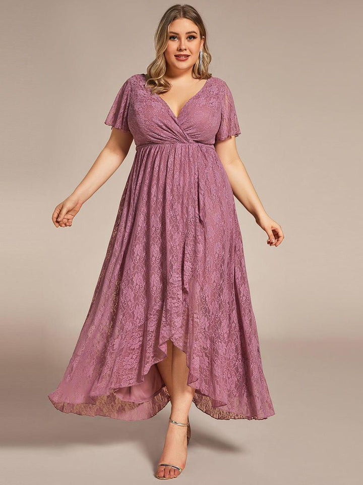 ever ELISE|Pleated V-Neck Short Sleeve Ruffled Lace Wedding Guest Dress