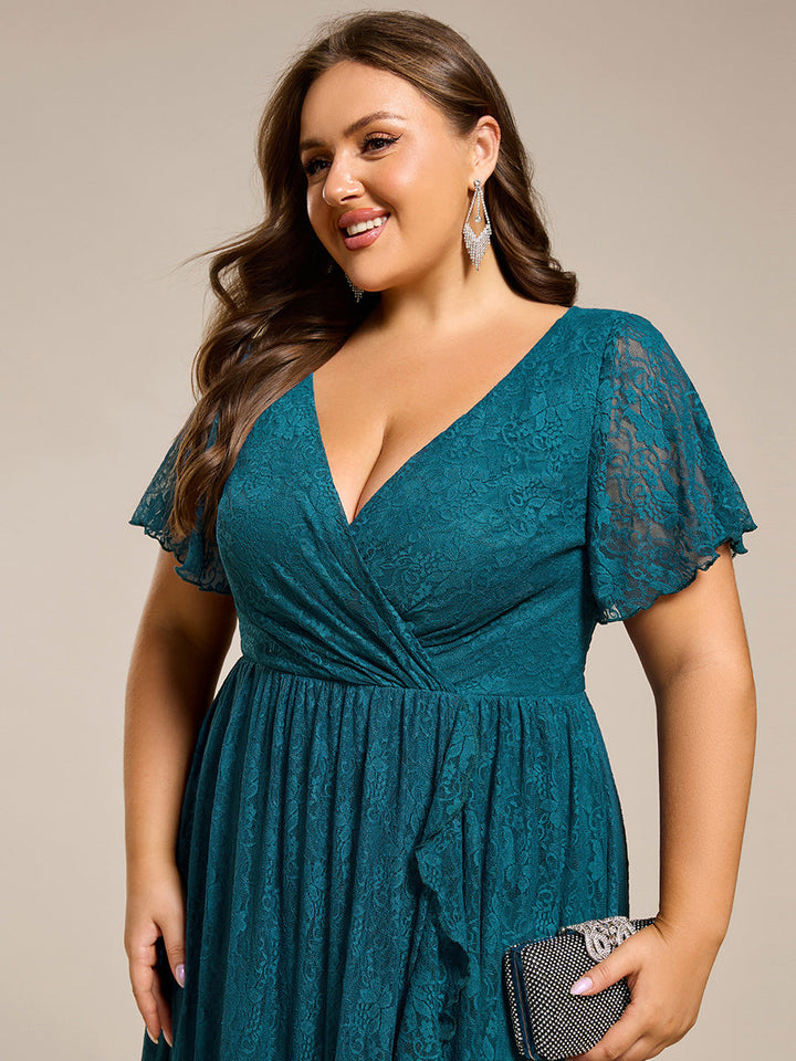 ever ELISE|Pleated V-Neck Short Sleeve Ruffled Lace Wedding Guest Dress