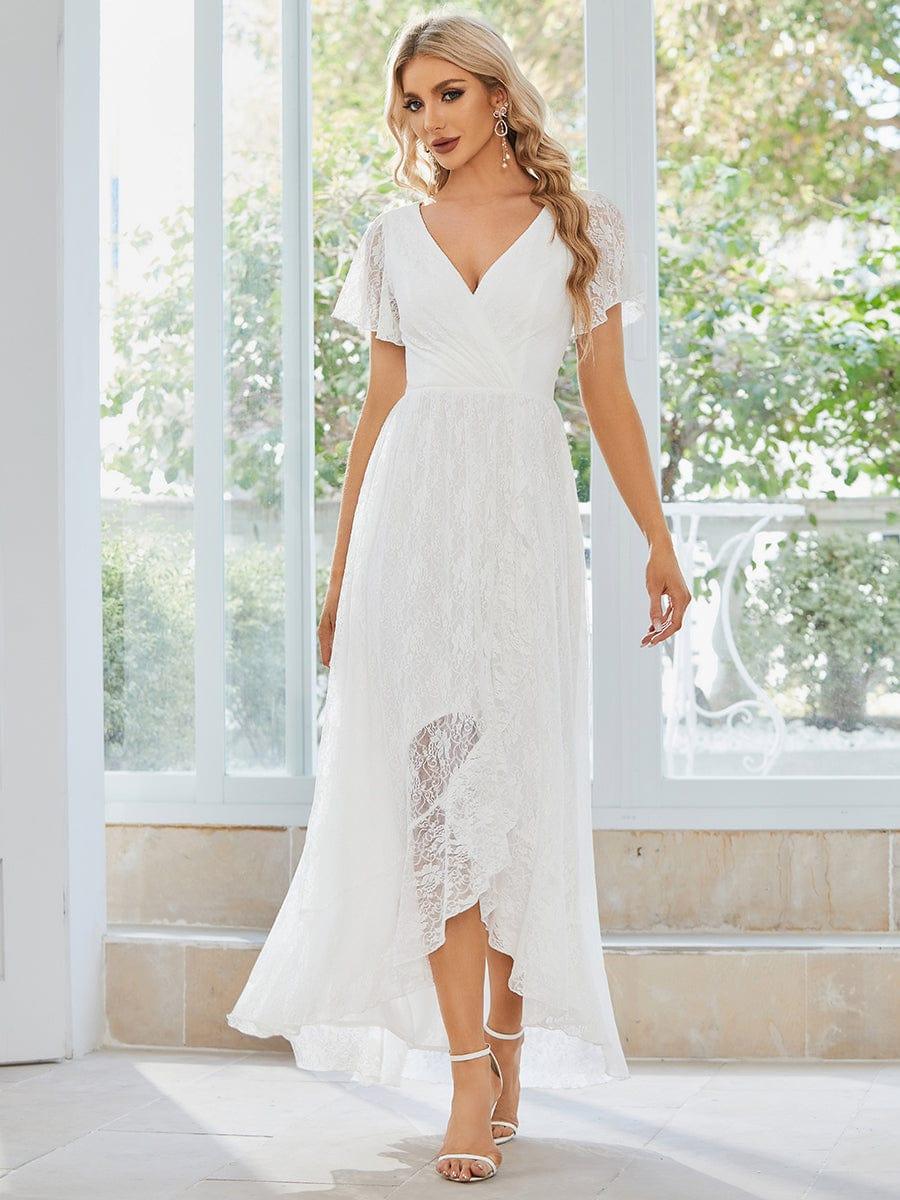 ever ELISE|Pleated V-Neck Short Sleeve Ruffled Lace Wedding Guest Dress