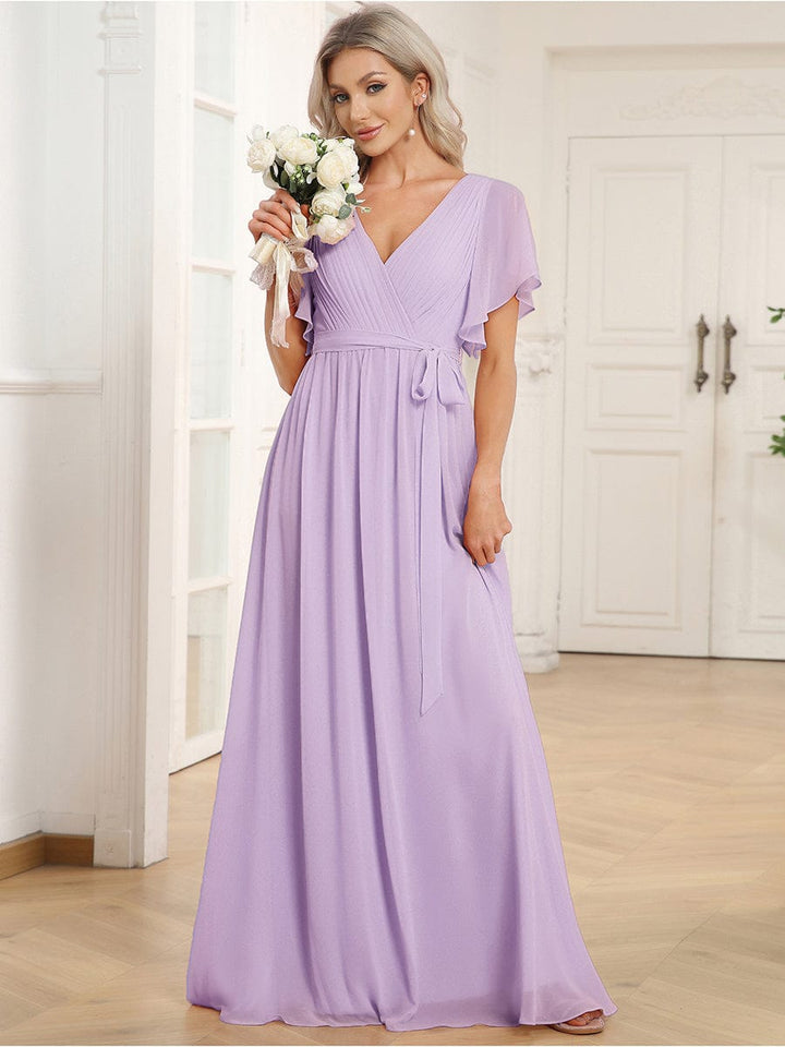 ever LEORA|A-Line Pleated Chiffon Tie-Waist Wedding Guest Dress