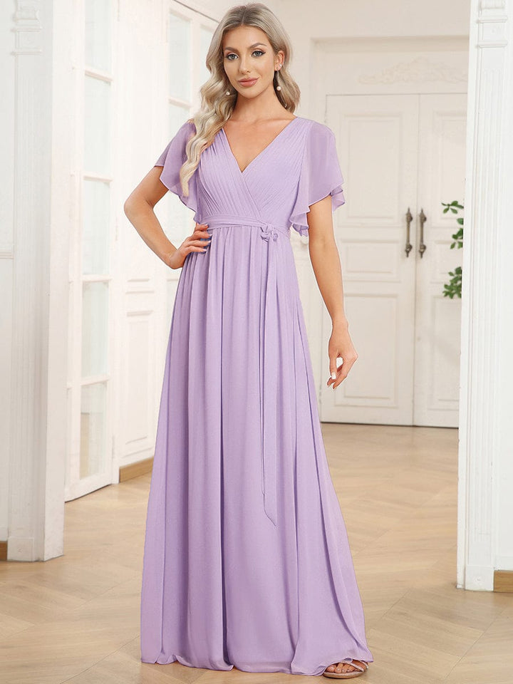 ever LEORA|A-Line Pleated Chiffon Tie-Waist Wedding Guest Dress
