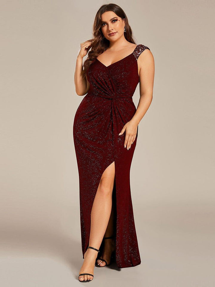 ever NOIRE|Glitter V-Neck High Slit Sequin Shoulder Strap Wedding Guest Dress