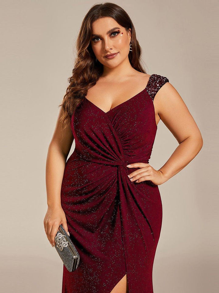 pretty NOIRE|Plus Size Sequin Shoulder Strap Wedding Guest Dress with Side Slit