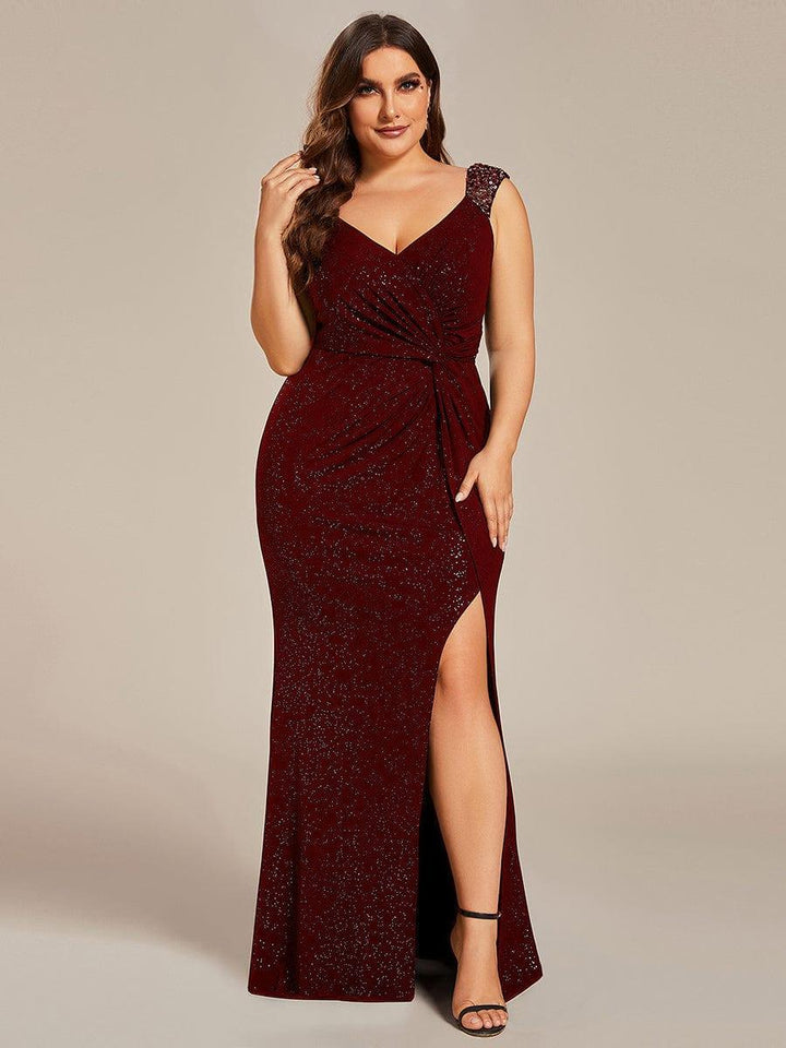 pretty NOIRE|Plus Size Sequin Shoulder Strap Wedding Guest Dress with Side Slit