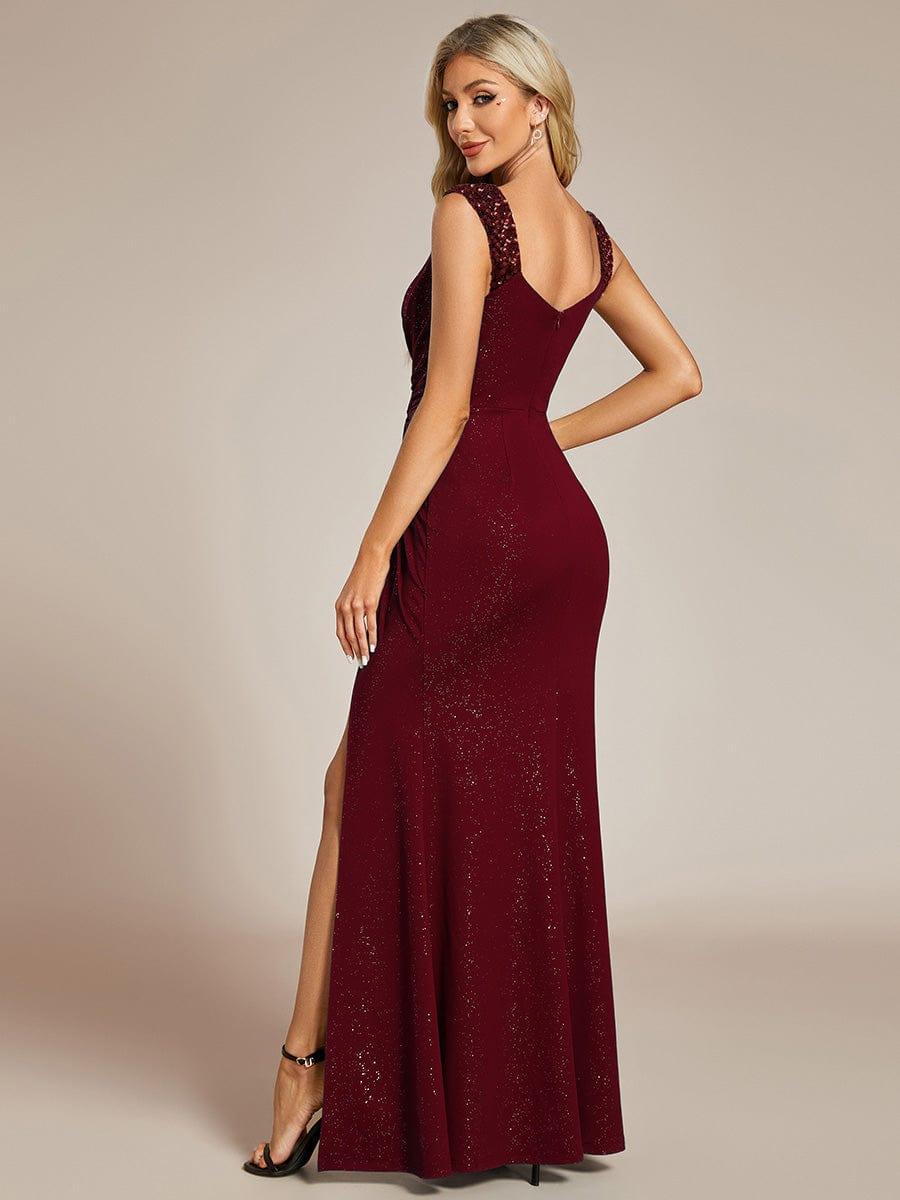 ever NOIRE|Glitter V-Neck High Slit Sequin Shoulder Strap Wedding Guest Dress