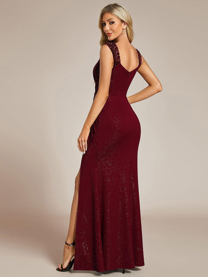 ever NOIRE|Glitter V-Neck High Slit Sequin Shoulder Strap Wedding Guest Dress