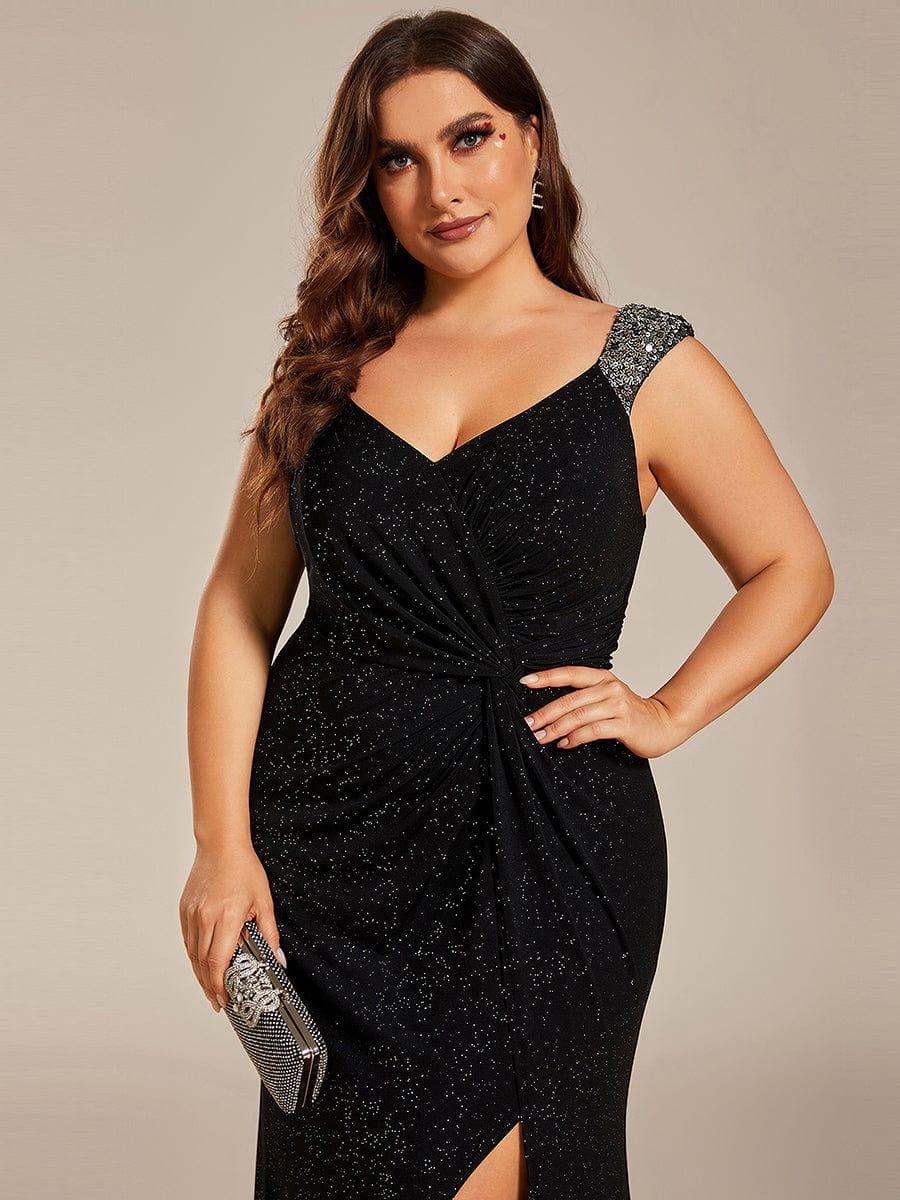 pretty NOIRE|Plus Size Sequin Shoulder Strap Wedding Guest Dress with Side Slit