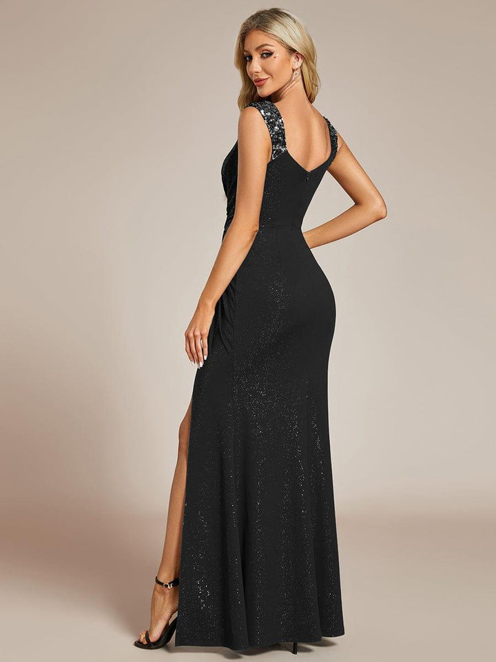 ever NOIRE|Glitter V-Neck High Slit Sequin Shoulder Strap Wedding Guest Dress