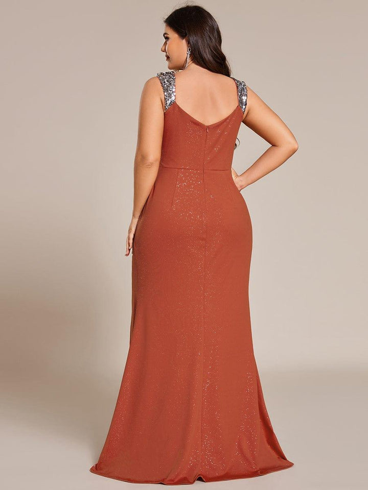 ever NOIRE|Glitter V-Neck High Slit Sequin Shoulder Strap Wedding Guest Dress
