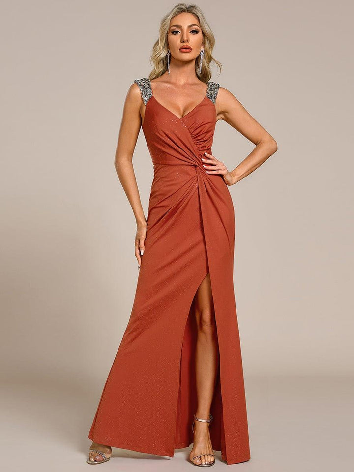 ever NOIRE|Glitter V-Neck High Slit Sequin Shoulder Strap Wedding Guest Dress