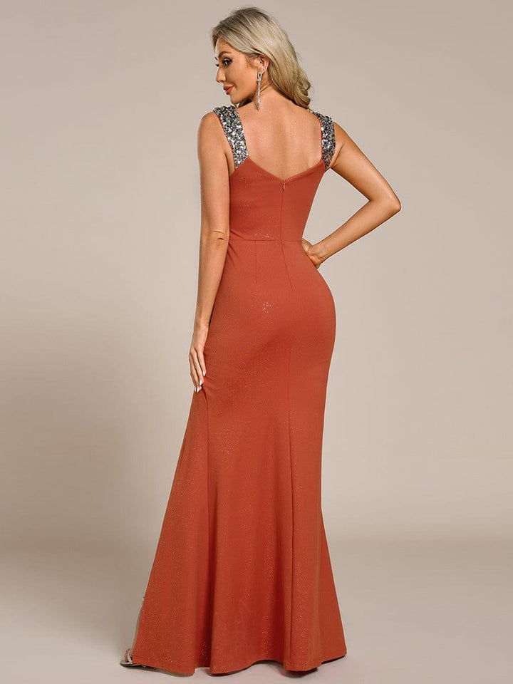 ever NOIRE|Glitter V-Neck High Slit Sequin Shoulder Strap Wedding Guest Dress