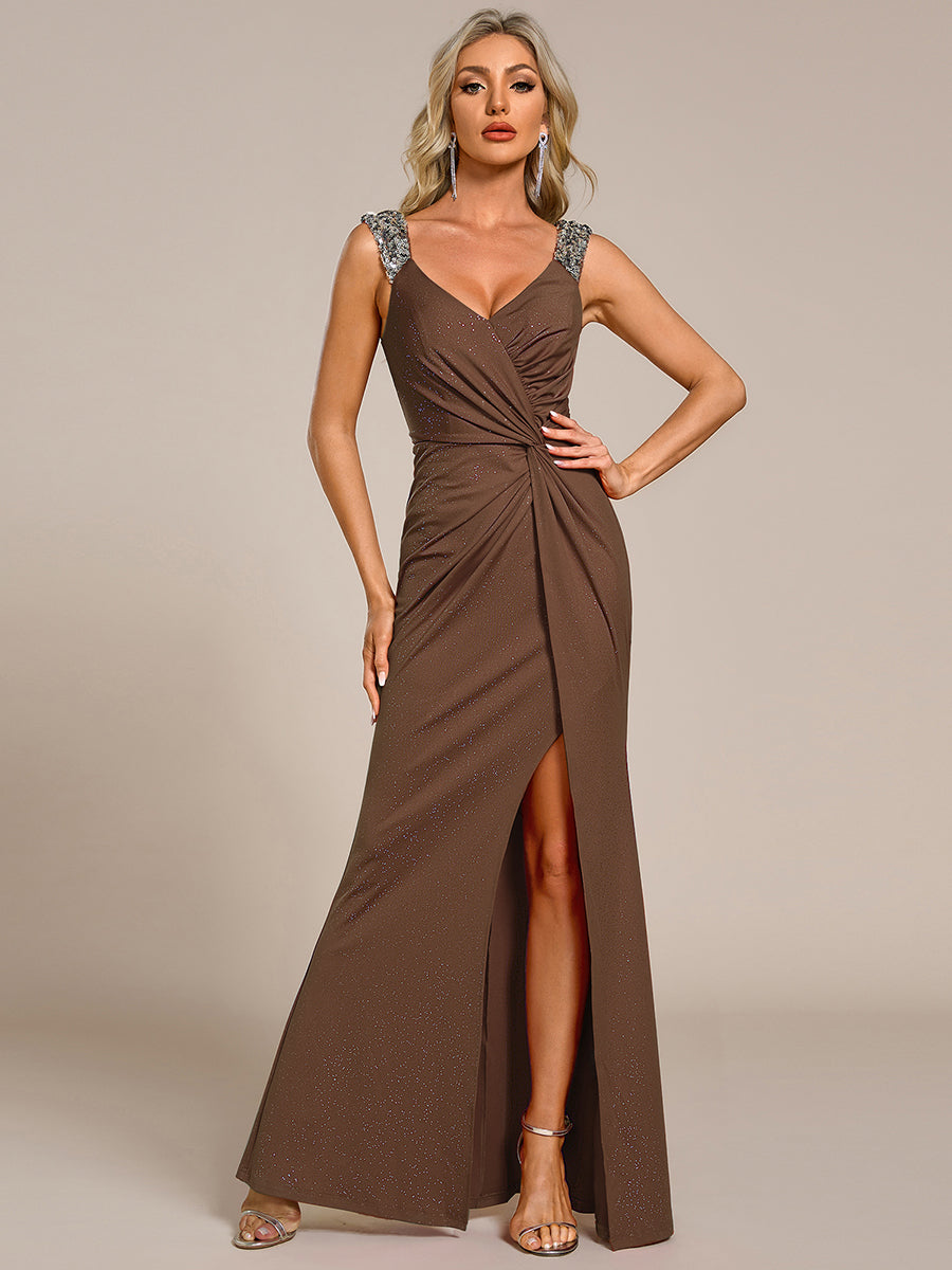 ever NOIRE|Glitter V-Neck High Slit Sequin Shoulder Strap Wedding Guest Dress