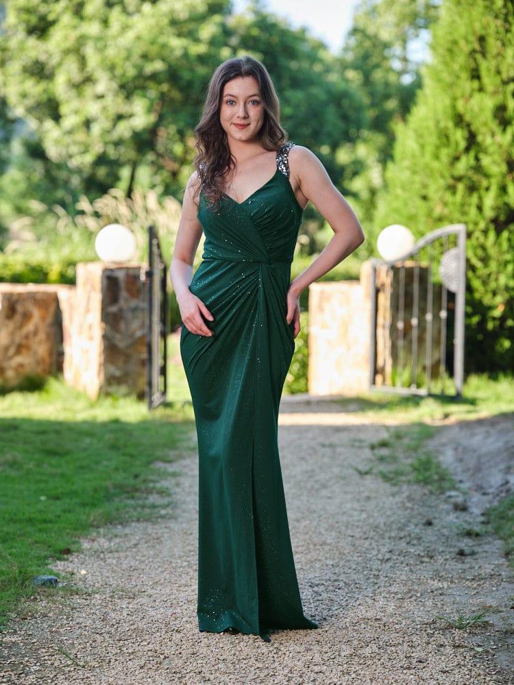ever NOIRE|Glitter V-Neck High Slit Sequin Shoulder Strap Wedding Guest Dress