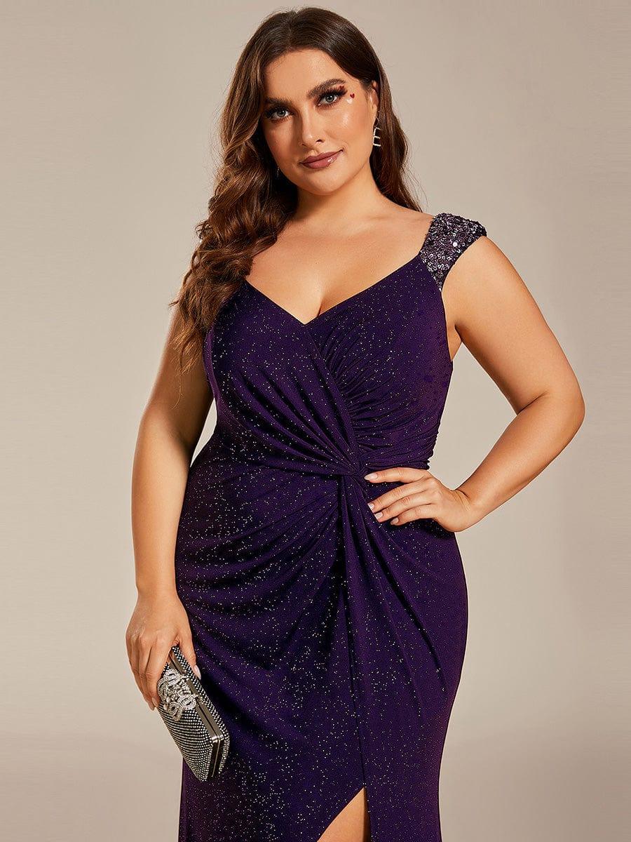 pretty NOIRE|Plus Size Sequin Shoulder Strap Wedding Guest Dress with Side Slit